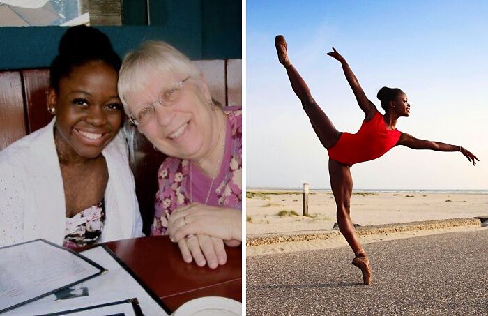 Smiling pair at a restaurant and adopted dancer performing outdoors, embodying wholesome adoption stories.