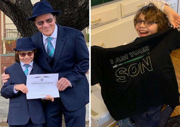 A smiling child and adult in matching suits hold an adoption certificate; child displays a shirt reading "I am your son."