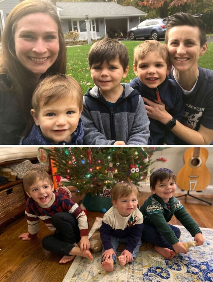 Smiling family with three young children outdoors; children by a Christmas tree indoors. Wholesome adoption moments.