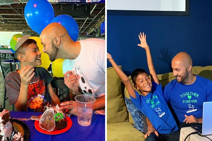 Father and son share cake and laughter, celebrating their bond.