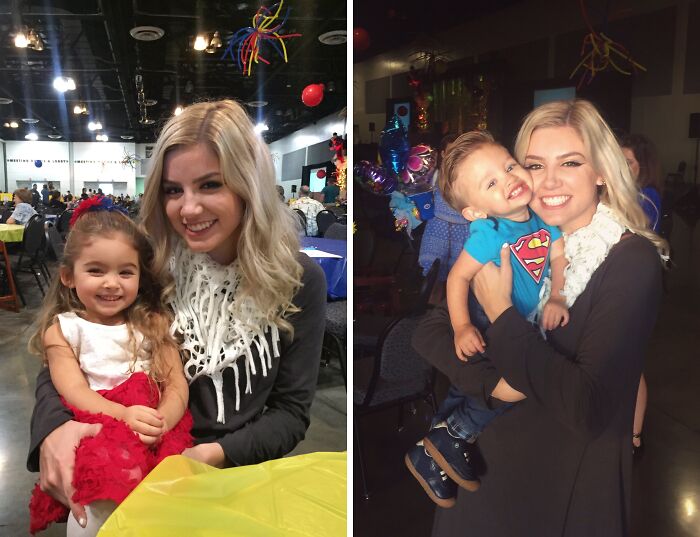 Smiling woman hugging a young girl in a festive setting; smiling woman holding a young boy with Superman shirt, showcasing wholesome adoption stories.