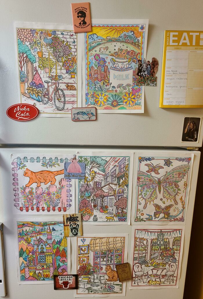 About Every Other Month Or So, Our Elderly Neighbor Will Drop Off A Page To My Wife From His Coloring Books. Here's Her Collection On Our Fridge So Far