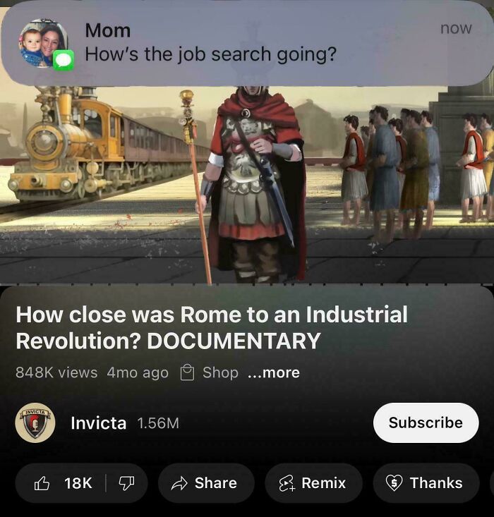 Ancient Roman soldier standing in front of a steam locomotive, humorously blending history and modernity in a meme.