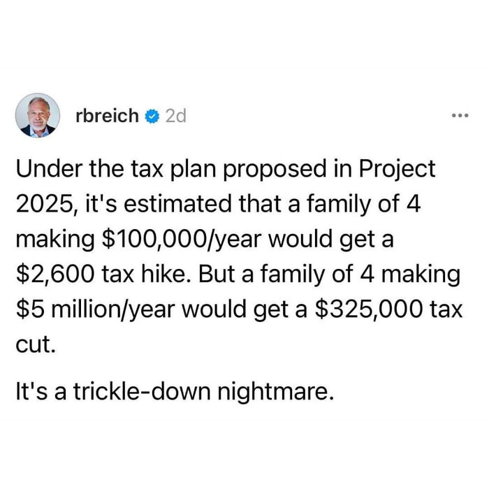 Text discussing tax impacts on varying income families, highlighting economic disparity and a potential boring dystopia.