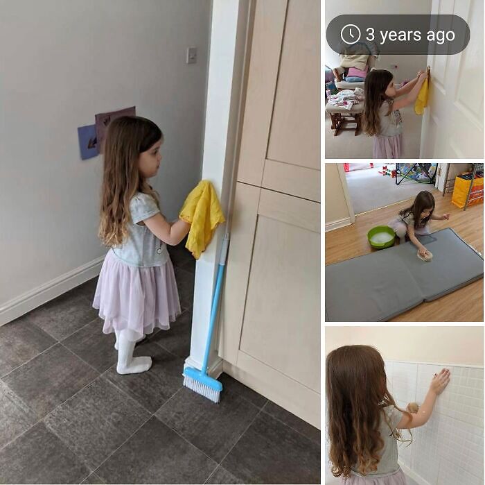 Young girl cleaning around the house, illustrating a heartwarming adoption story.