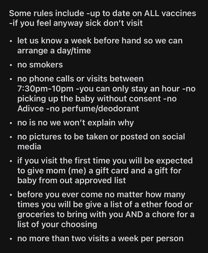 List Made By New Parents For Those Who Want To Visit Their Baby