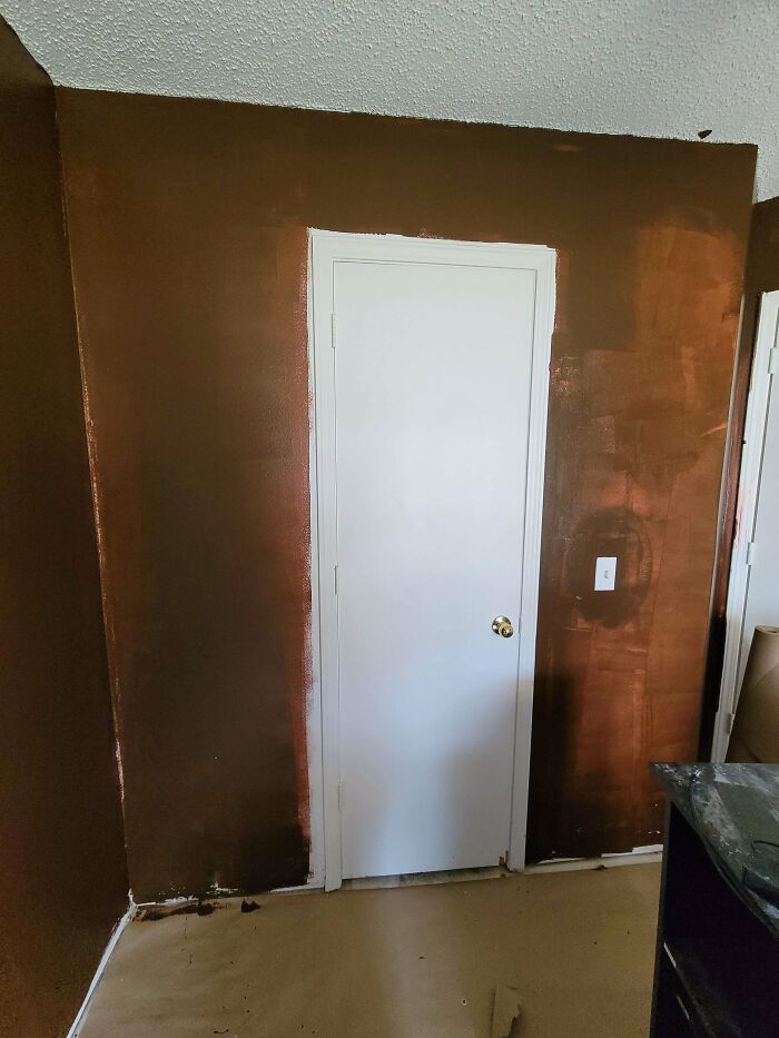 Infuriating half-painted wall with a clean white door, showcasing a common DIY mistake by boyfriends or husbands.