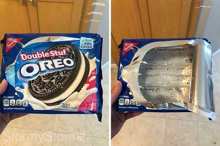 Empty Oreo package held by a person, showing missing cookies, showcasing infuriating boyfriend's actions.