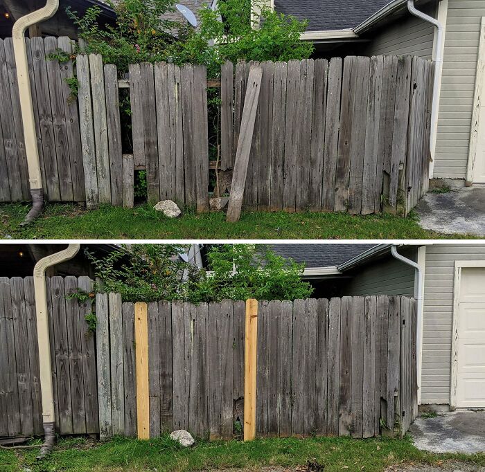 I Noticed While Out Running My Elderly Neighbor's Fence Had Some Posts Blown Off From The Hurricane, And I Just Happened To Have Two Spares In My Garage. I Snuck Over There And Fixed It For Her This Afternoon