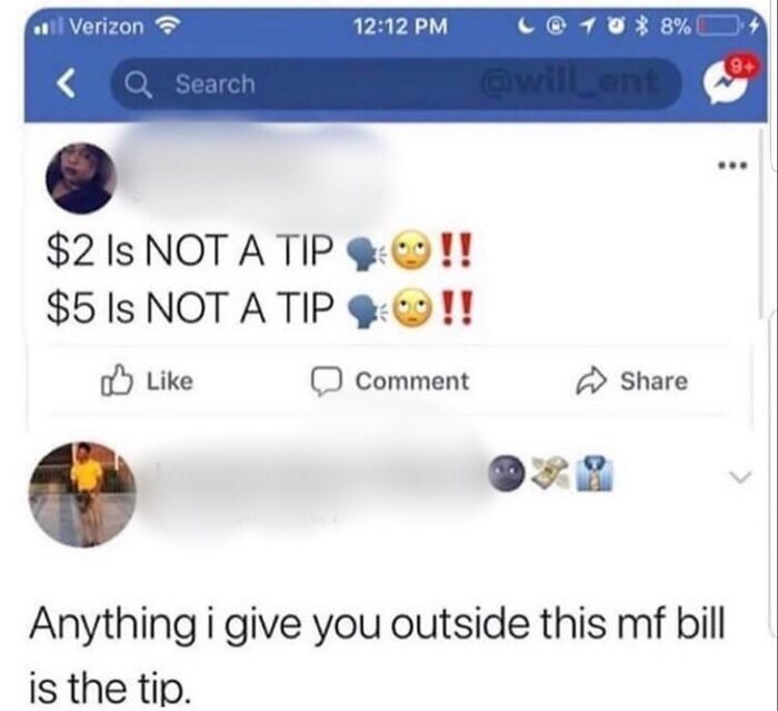 Social media exchange on tipping, featuring a humorous reality check for choosing beggars.