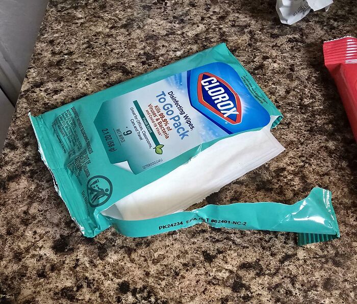 Clorox wipes pack left open on a kitchen counter, showcasing common habits of boyfriends and husbands.