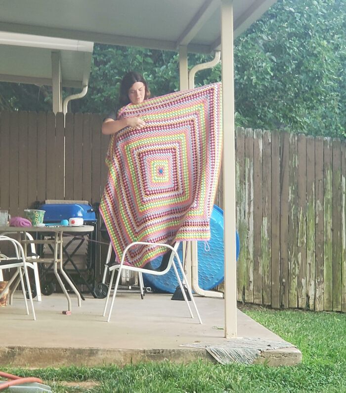 My Neighbor Hollered Over At Me To Show Me Her Completed Crotchet Blanket She Made For Her Sister Going Back To College. She Too Cute Also Telling Me Of All The Colors She Used