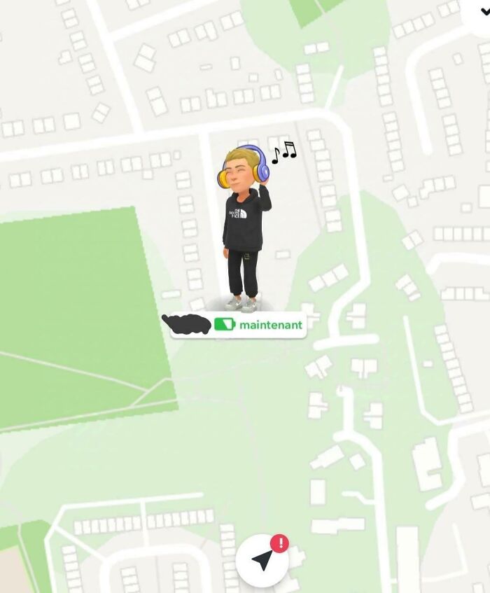 Cartoon avatar of a boyfriend on a location map, wearing headphones and a black outfit.