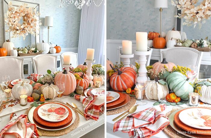 I Used A Variety Of Different Shaped And Textured Pumpkins And Arranged Them Down The Length Of The Table. Then I Mixed In Fresh Fall Flowers To Fill In Gaps Between The Pumpkins. I Also Added Mercury Glass Votive Candles Throughout. Happy Decorating