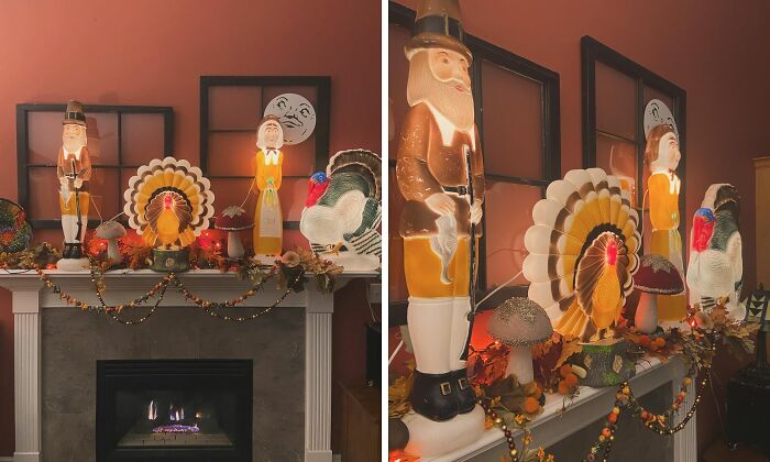 The Turkey On The Far Right Was Found At An Estate Sale When Blowmolds Were Still Super Cheap And The Pilgrims/Turkey Were Found At Goodwill Over Eleven Years Ago When The Blowmold Craze Hadn’t Started