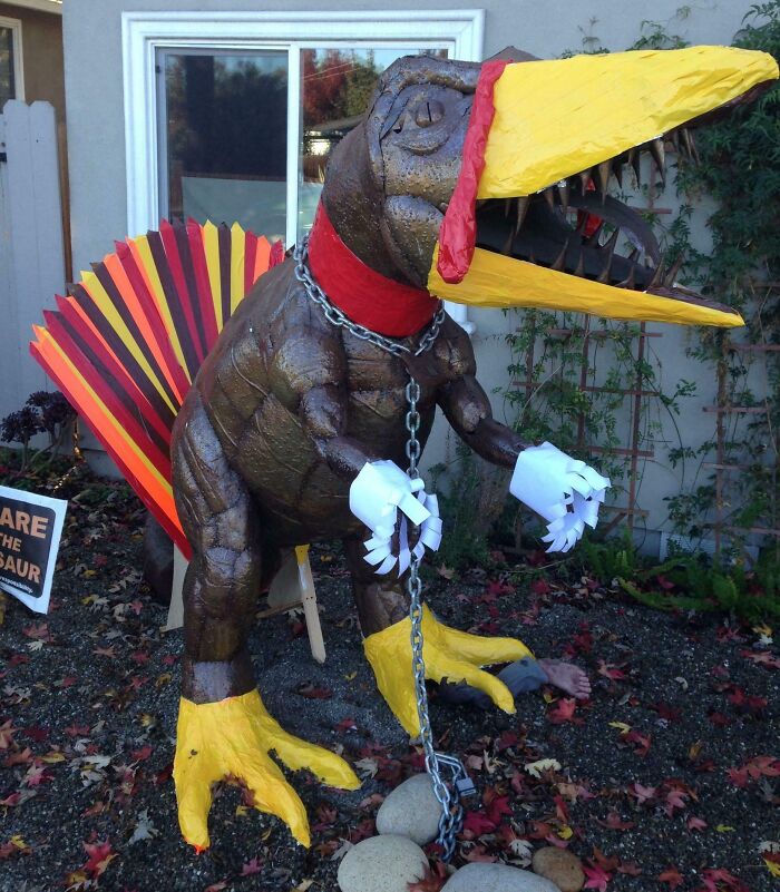 It's Dug, Our Lawn Dinosaur. Dressed As A Turkey. For Thanksgiving. Totally Normal