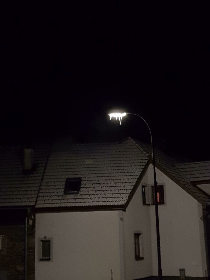 A streetlight with icicles highlights an ice-cold winter night on a snow-covered roof.