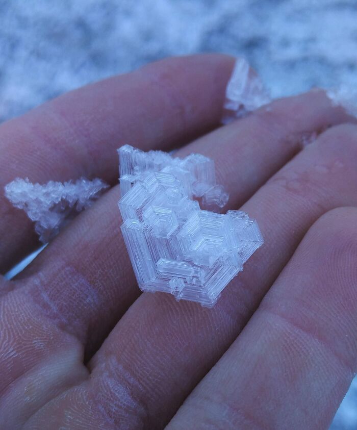 Close-up of unique ice formations on fingers, showcasing ice-cold winter textures.