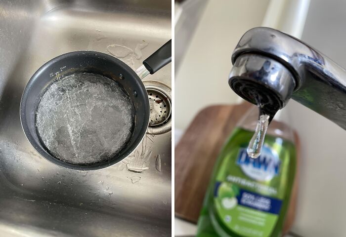 Pot filled with ice in sink and frozen faucet with green dish soap in ice-cold winter pictures.