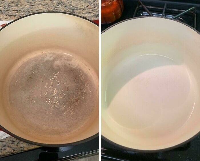 Before and after cleaning pictures of a pot, showing transformation from stained to clean.