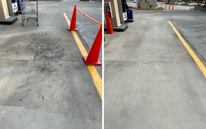 Before-after-cleaning pictures showing a concrete driveway. Left: stained surface; right: clean and refreshed appearance.