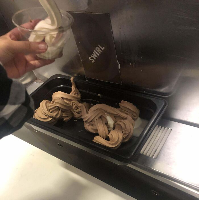 A Girl In Front Of Me Kept Pouring Out Her Ice Cream That Was In Her Cone Until She Made A Swirl She Liked. There Was No More Chocolate Ice Cream Left