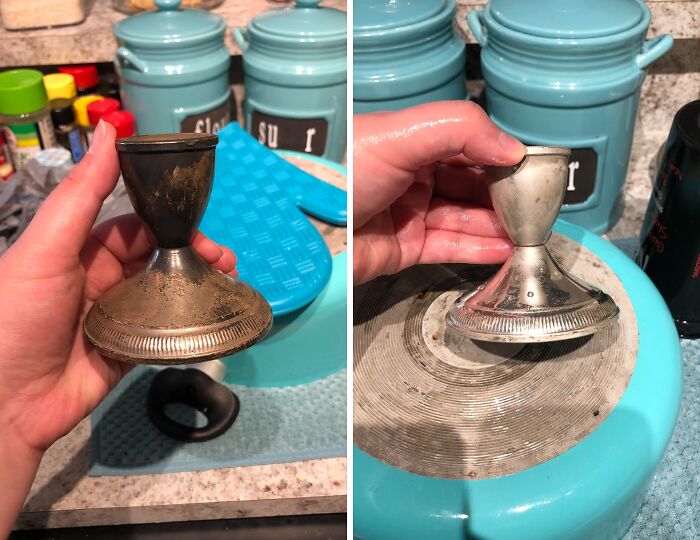 Before-after cleaning pictures of a polished metal object on a kitchen counter.