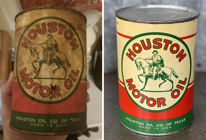 Before-after-cleaning pictures of a Houston Motor Oil can, showing restored bright colors and clear branding.