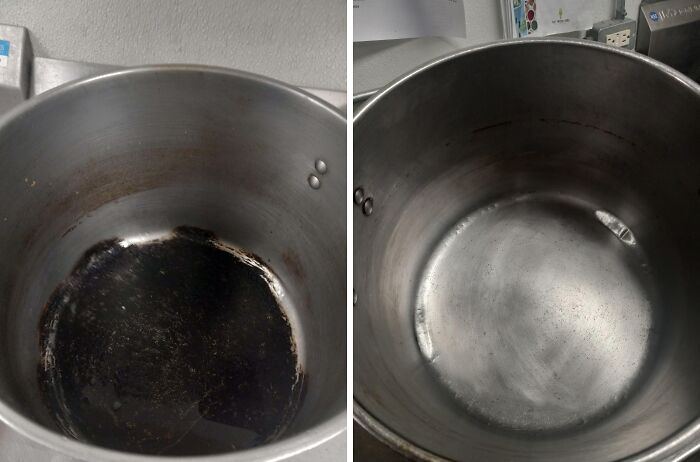 Before-after-cleaning-pictures of a pot, showing a dirty interior on the left and a clean, shiny interior on the right.