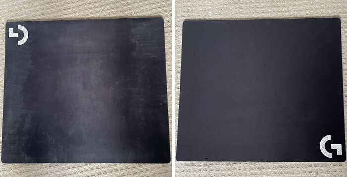 Before-after-cleaning pictures of mouse pad, showing significant improvement in cleanliness and appearance.