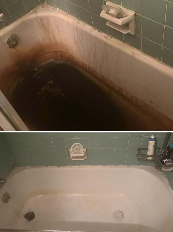 Before-after-cleaning pictures: a bathtub with dirt and grime transformed to a clean, white surface.