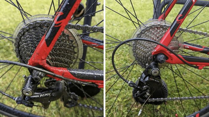 Before-after-cleaning pictures of a bicycle chain and gears, showing a dramatic difference in cleanliness and shine.