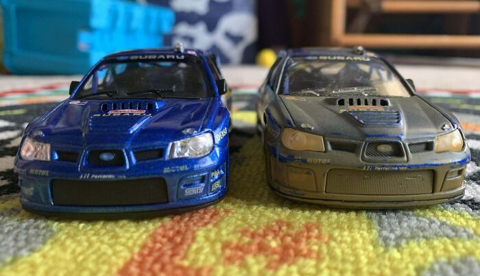 Before-after cleaning pictures of two model cars, showing a clean blue car and a dusty, dirty car side by side.