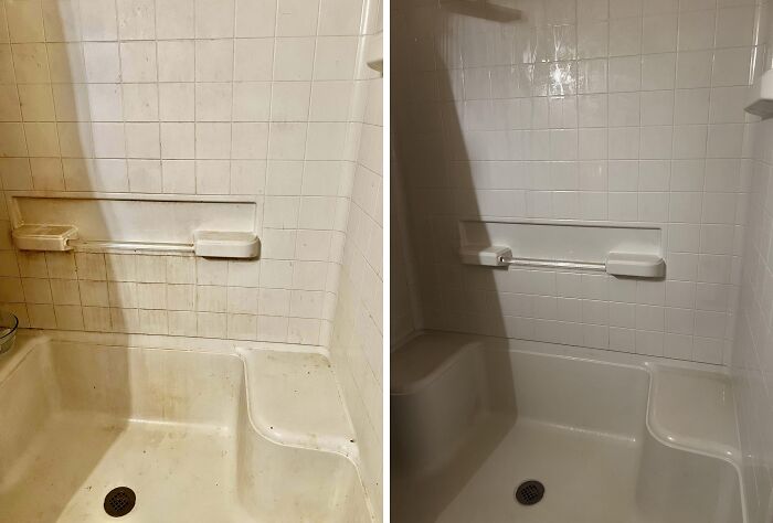 Before-after cleaning pictures of a shower showing dirty tiles on the left and clean, shiny tiles on the right.