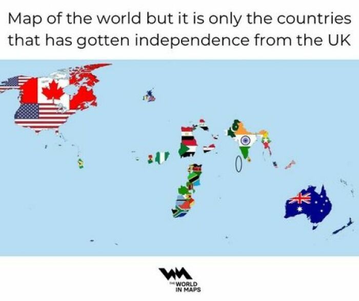 A World Map Showing Only The Countries That Have Gained Independence From The UK