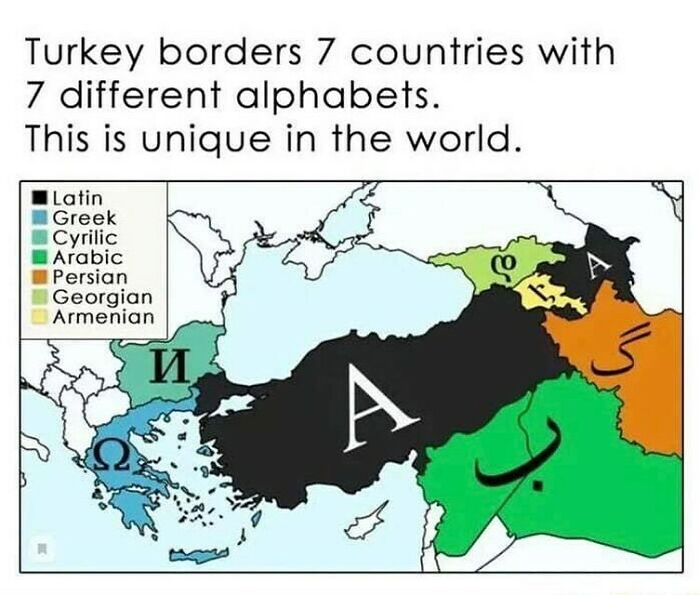 Did You Know That Turkey Borders 8 Countries With 7 Different Alphabets? This Map Shows How Turkey Is A Bridge Between Different Cultures And Civilizations