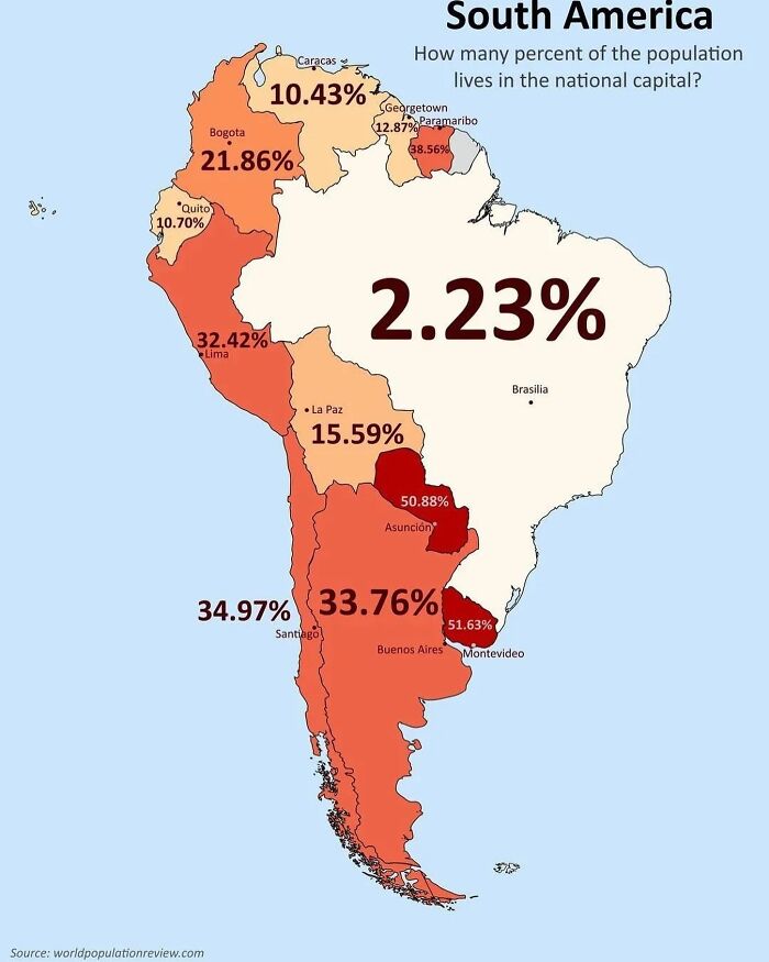 Map Shows What % Of South American Countries’ Population Resides In The Capital