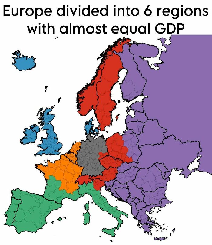 This Map Divides Europe Into Regions Of Equal Gdp - With The Exception Of Germany, Which Remains Largely Unchanged.