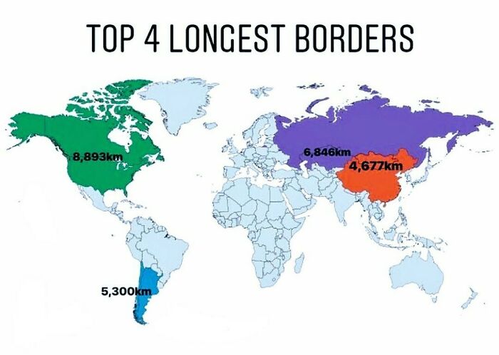 Map Shows The Top 4 Longest National Borders: America 🇺🇸 - Canada 🇨🇦 Russia 🇷🇺 - Kazakhstan 🇰🇿 Chile 🇨🇱 - Argentina 🇦🇷 China 🇨🇳 - Mongolia 🇲🇳