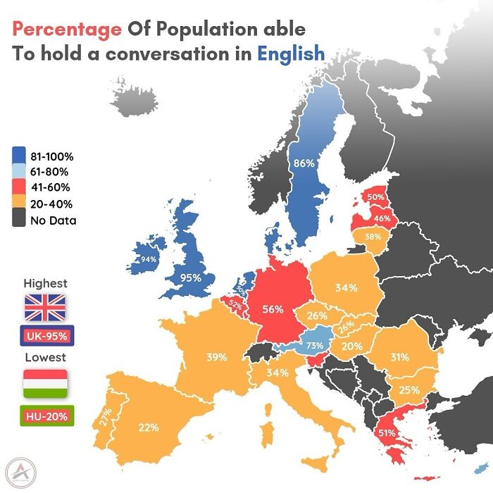 Map Shows The Percentage Of Population Able To Hold A Conversation In English In Each European Country