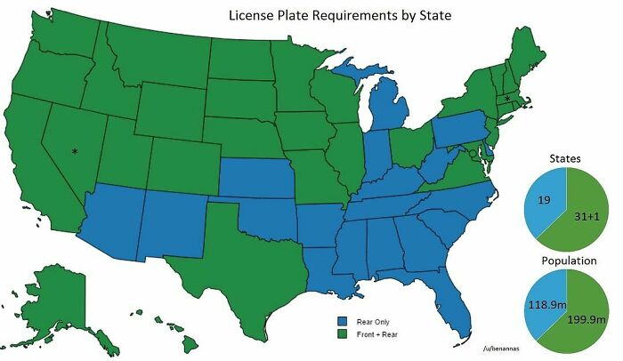 Map Shows Which States Require Front And Rear License Plates vs. Those That Only Require Rear License Plates