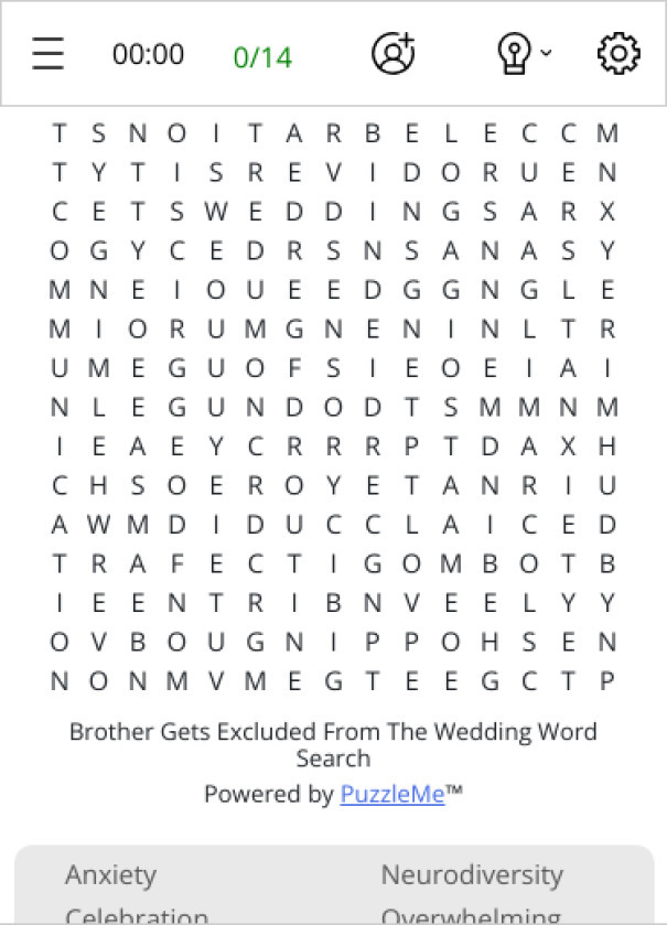 Brother Gets Excluded From The Wedding Word Search