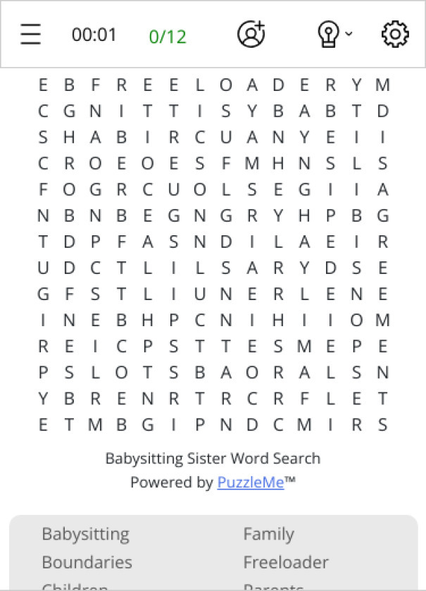 Babysitting Sister Word Search