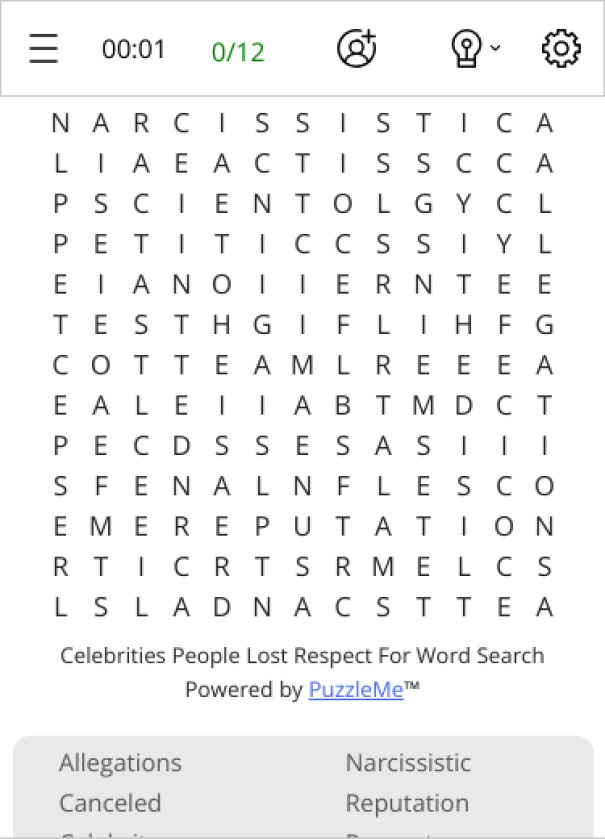 Celebrities People Lost Respect For Word Search