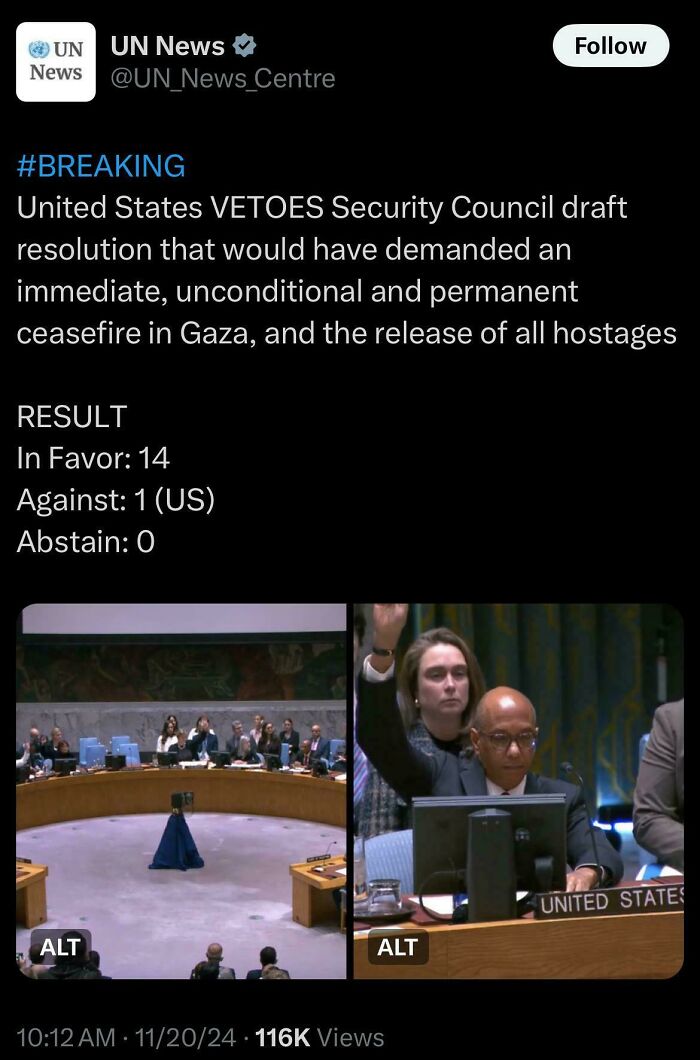 U.S. vetoes Security Council resolution on Gaza ceasefire; vote result: 14 favor, 1 against.