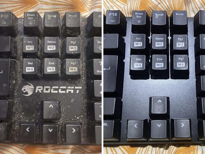 Before and after cleaning pictures of a keyboard showing a dusty and clean comparison.