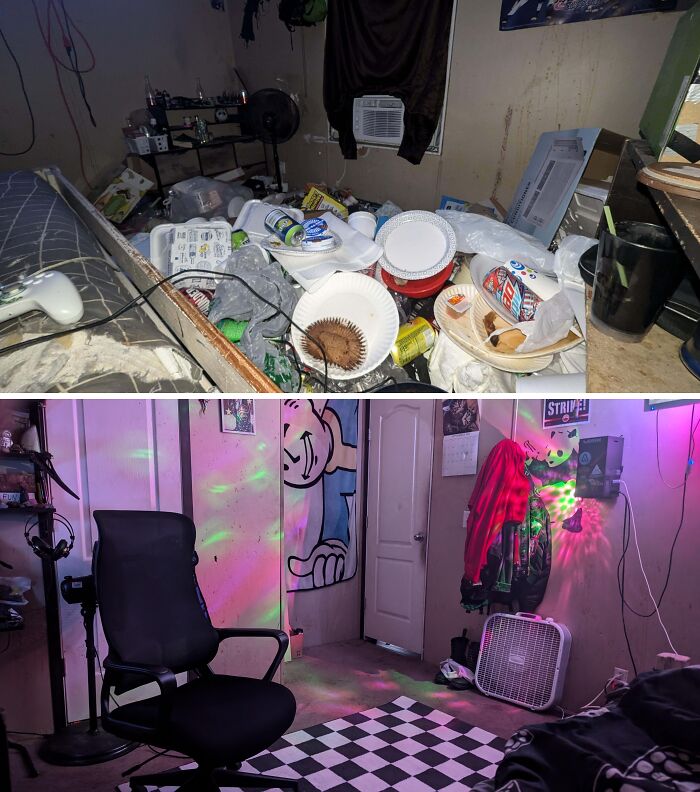 Before-after cleaning pictures showing a messy room transformed into a tidy, vibrant space with colorful lighting.