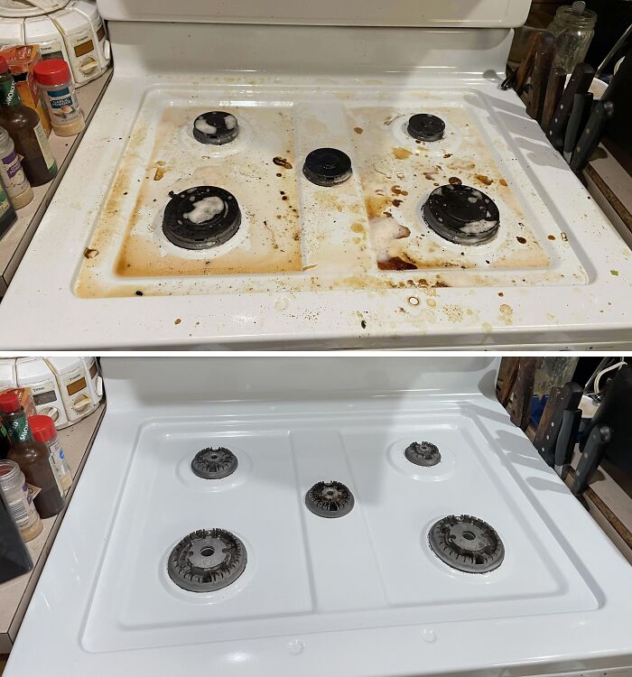 Before-after-cleaning-pictures of a stovetop, showing a dramatic transformation from dirty to sparkling clean.