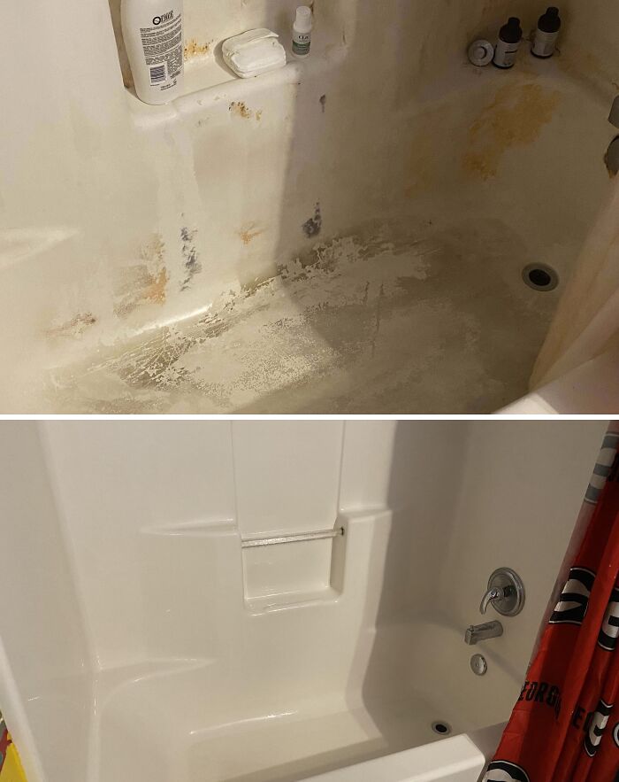 Before and after cleaning pictures showing a bathtub transformation from stained to pristine condition.