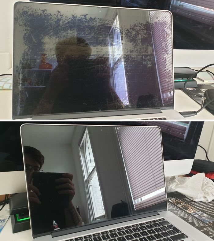 Before-after cleaning pictures of a laptop screen, showing transformation from dirty to spotless.